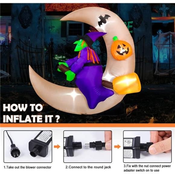 4.6ft Long Halloween Inflatable Witch Sitting on The Moon Decoration, LED - Picture 2 of 6